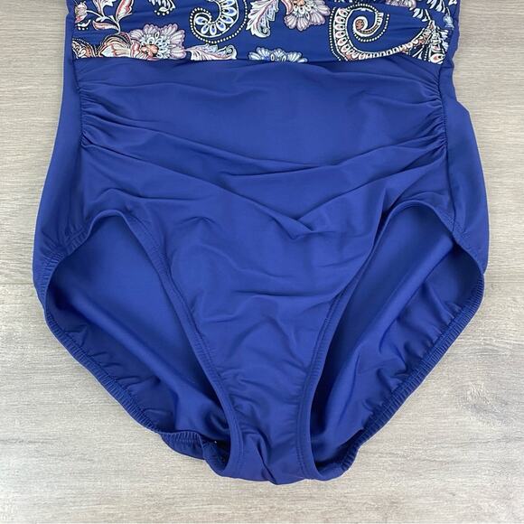 Lands End Blue Floral Slendersuit Grecian Tummy Control One Piece Swimsuit Sz.10 - Picture 8 of 16